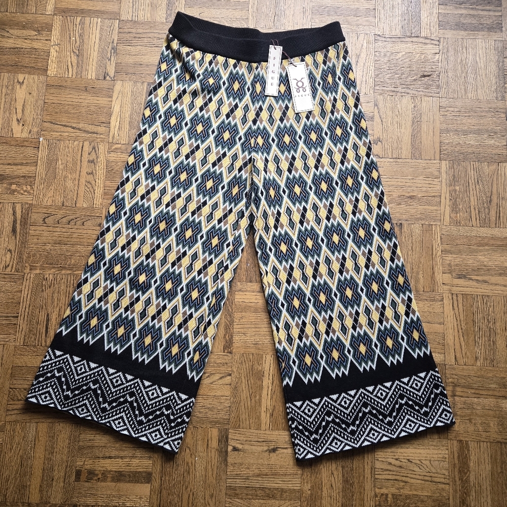 Figue Brie Cashmere Knit Blend Mustang Print Wide Leg Pants Geometric Sz XL NWT